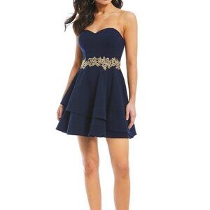 B. Darlin Strapless Navy Dress with Gold Embroidered Appliqué